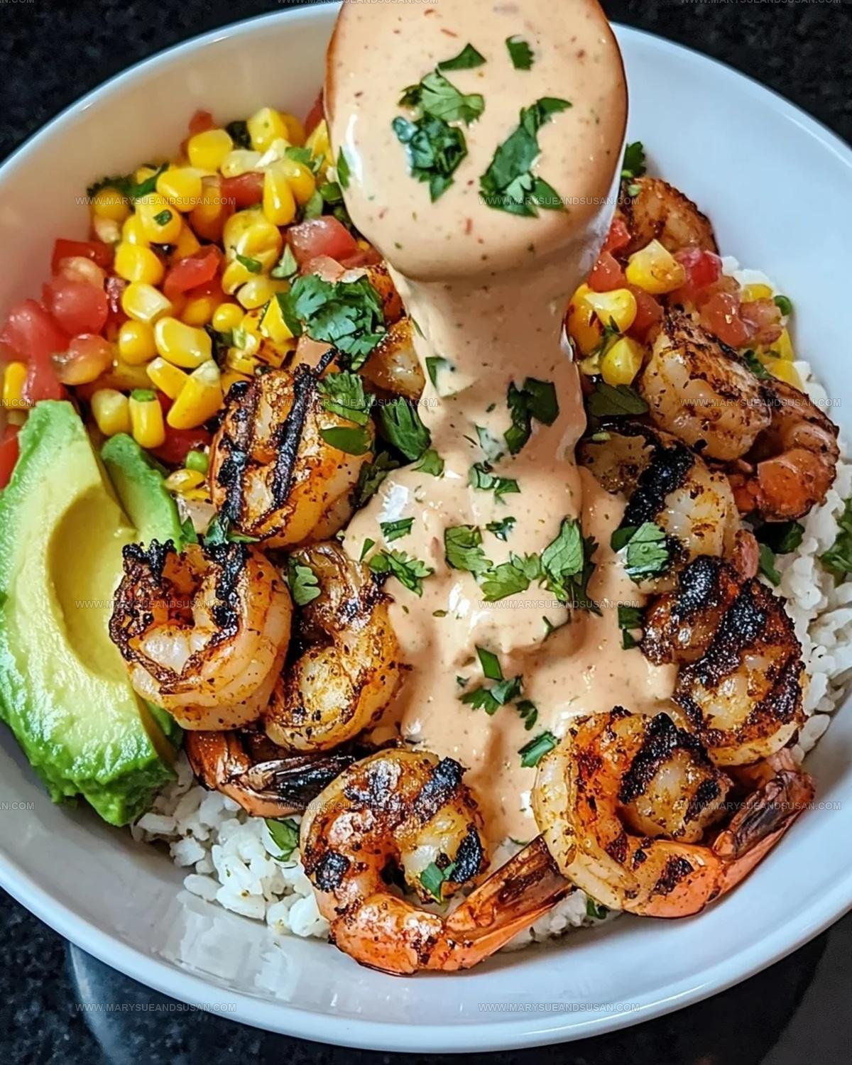 Grilled Shrimp Bowl With Avocado Corn Salsa And Creamy Sauce Recipe
