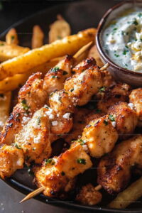 Chicken Tzatziki Skewers with Feta Fries Recipe