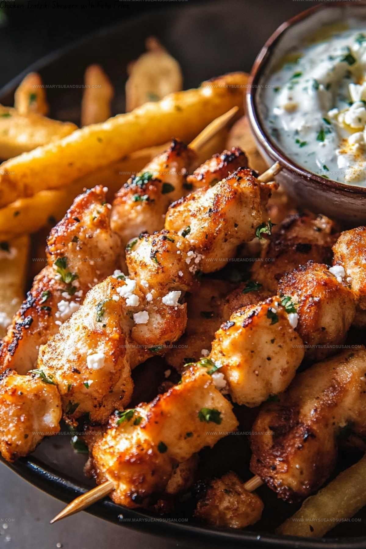 Chicken Tzatziki Skewers with Feta Fries Recipe