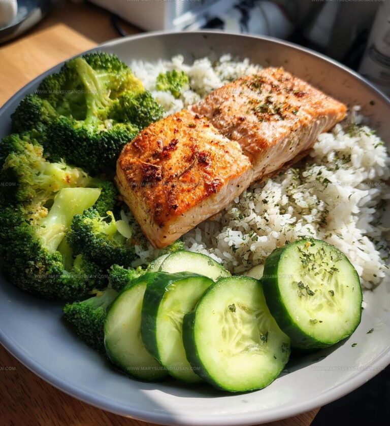 Balanced Meal Salmon Broccoli Rice Cucumber Plate Recipe