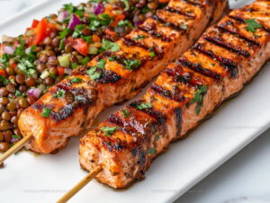 Grilled Salmon Kebabs with Harissa BBQ Sauce Recipe