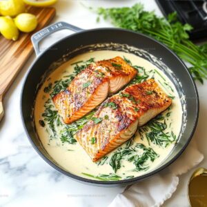 Seared Salmon with Garlic Cream Sauce Recipe