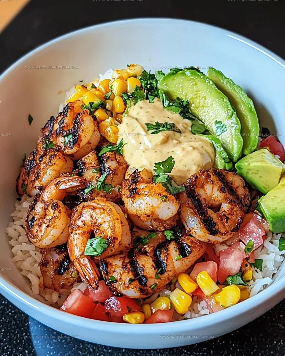 Grilled Shrimp Bowl with Avocado, Corn Salsa & Creamy Sauce Recipe